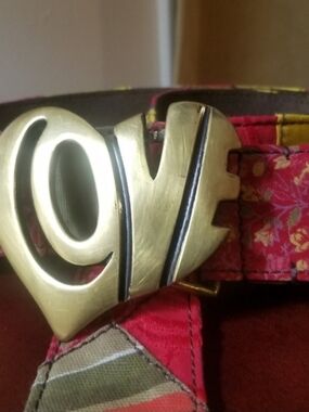 Lucky Brand Pink Floral Belt with Gold 'Love' Heart Buckle